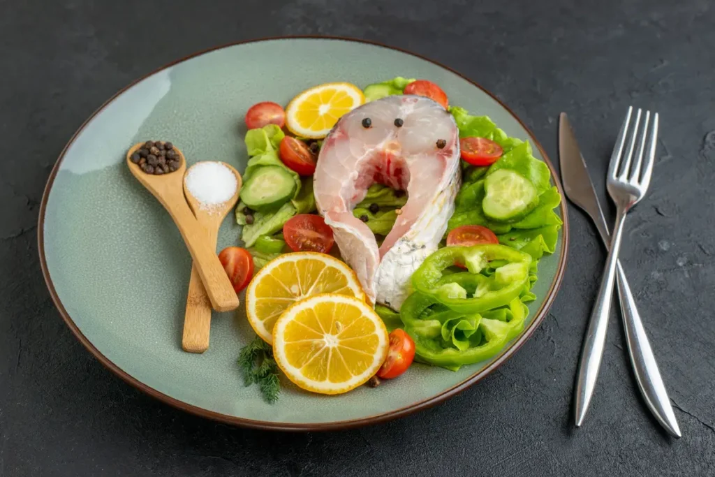 assiette saine legumes poissons
